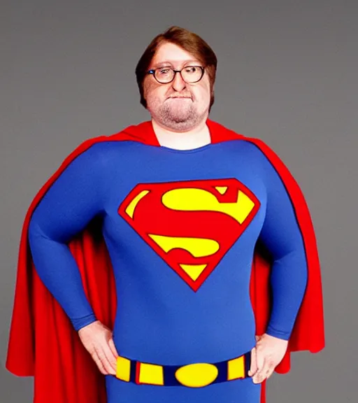 Prompt: gabe newell as a superman, soft light, blue, red