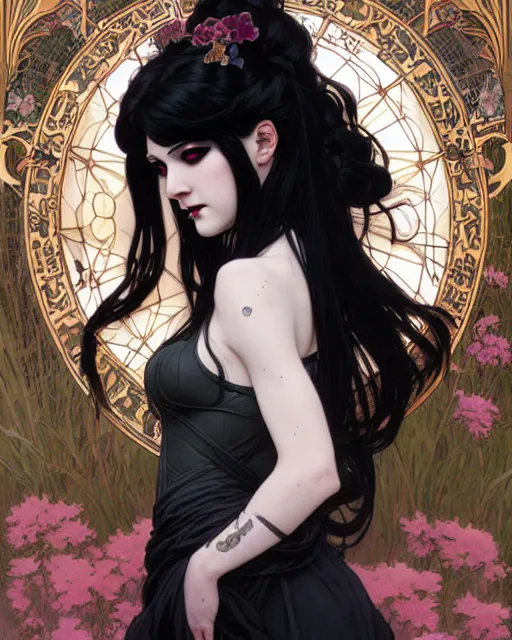 Prompt: portrait of beautiful goth girl cosplay with black hair, art by stanley lau and artgem and wlop and magali villeneuve and alphonse mucha and terry moore and greg rutkowski