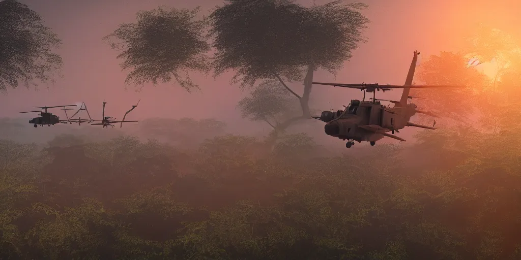 Image similar to Painting of vietnam Huey Helicopters, above a forest, orange sun set, abstract, realism, 8k, high details, octane render, glow, war, 3d render,