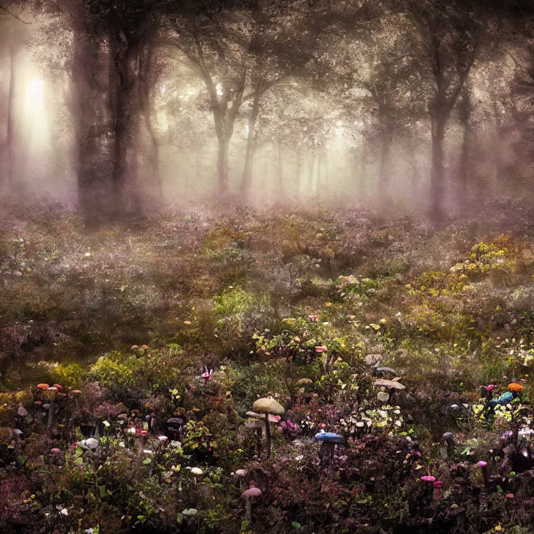 Image similar to a planet of various fungus like trees, mushrooms, flowers and plants, artistic photography, muted colors, conceptual, long exposure outside the city, volumetric light