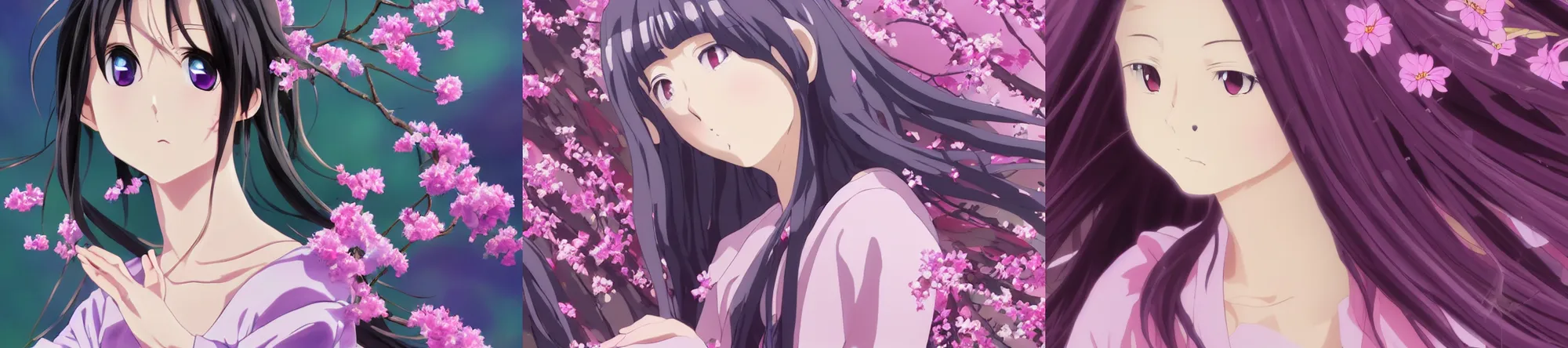 Prompt: beautiful ultrawide anime-style portrait of Japanese girl with pink eyes and full body, her face is a mauve flower like colorful purple gown with white sheen and long hair sitting on apple tree, beuatiful face, awesome, bright colours, inspire, shiney, modest, trending on artstation, by Studio Trigger and Studio Ghibli, by Makoto Shinkai