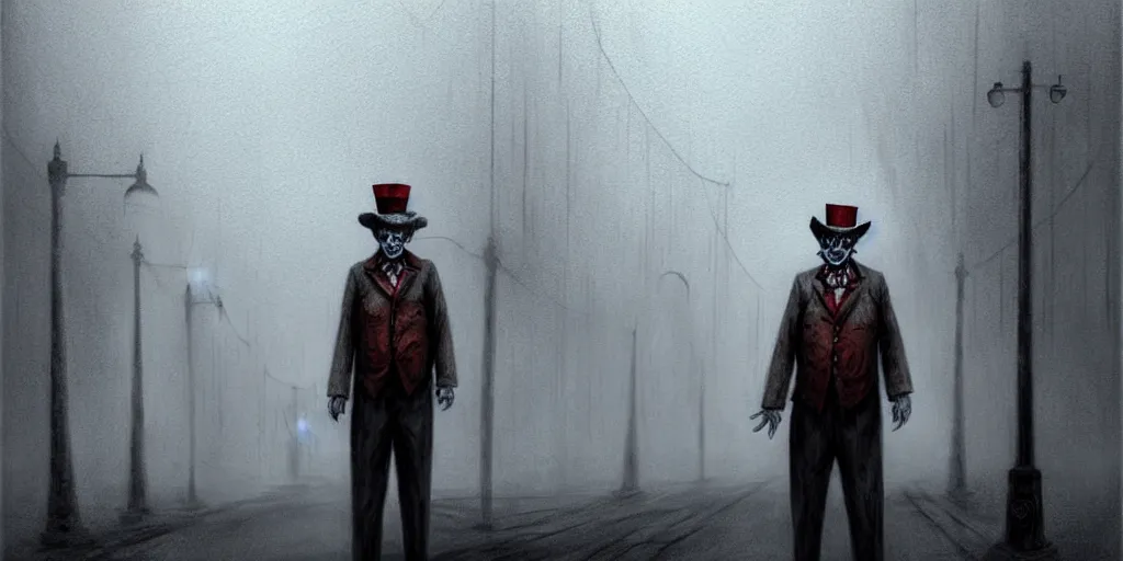 Image similar to James Sunderland from Silent Hill 2 dressed as a clown standing in a foggy street, intricate, elegant, sharp focus, illustration, highly detailed, digital painting, concept art, matte, art by Masahiro Ito