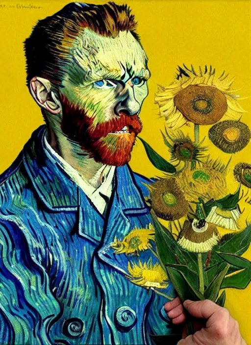 Prompt: hyper realistic painted vincent van gogh holding a flower drawn by chiara bautista and norman rockwell and greg rutkowski weta studio, and lucasfilm