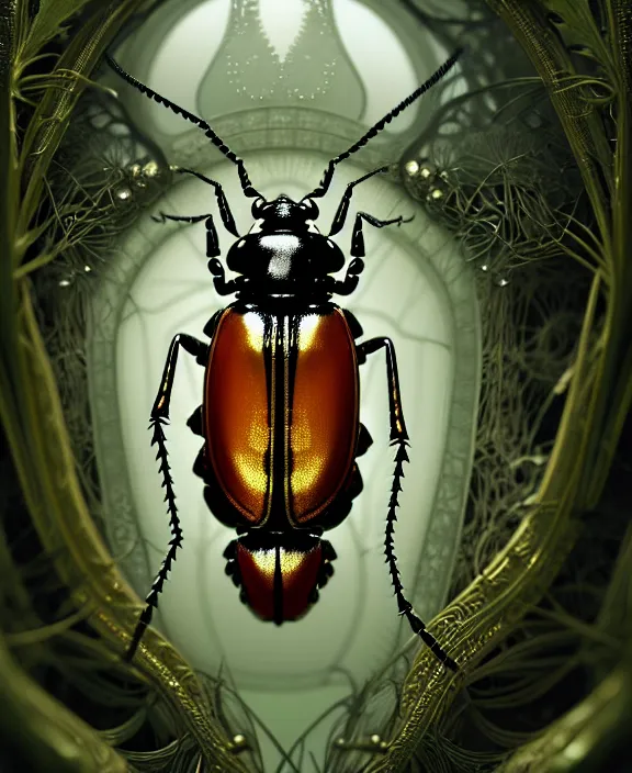 Image similar to intricate ornate opulent transparent clear see - through portrait of a playful beautiful alien beetle, fractal, adorable, childlike, overgrown biopunk jungle environment, ultra realistic, concept art, art nouveau, photorealistic, octane render, 8 k, unreal engine. art by christopher marley and artgerm and greg rutkowski and alphonse mucha