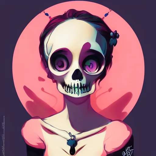 Prompt: a portrait of a girl skull face, betty boop, in the style of artgerm, charlie bowater, atey ghailan and mike mignola, vibrant colors and hard shadows and strong rim light, plain background, comic cover art, trending on artstation