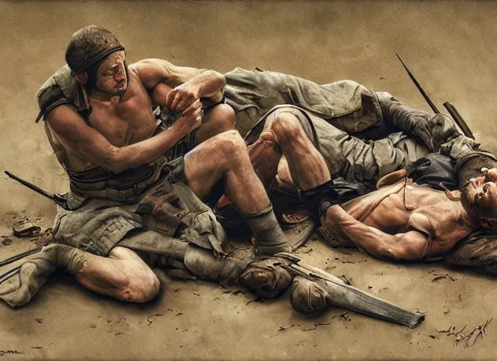 Prompt: after the battle, the warriors take their rest, art by denys tsiperko and bogdan rezunenko, hyperrealism