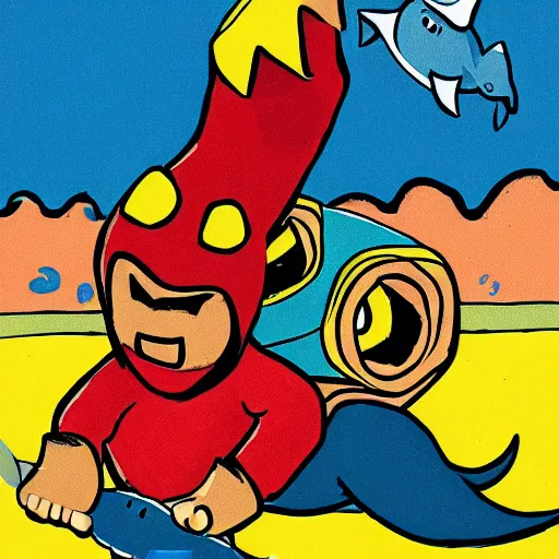 Prompt: a children's book illustration of a luchador wrestling a shark