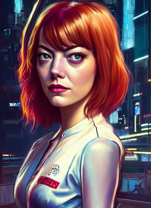 Prompt: portrait of Emma Stone as a waitress character in Cyberpunk 2077, looking at camera, intricate, elegant, sci-fi, extremely detailed, digital painting, artstation, concept art, smooth, sharp focus, illustration, ambient lighting, incredible art by artgerm and greg rutkowski and alphonse mucha and simon stalenhag