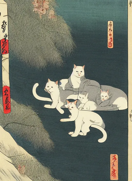 Image similar to whitecat with 2 baby white cats of utagawa hiroshige, digital painting 4 k uhd image, highly detailed