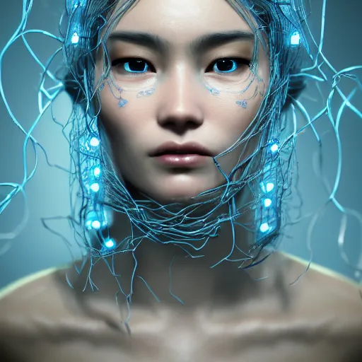 Image similar to intricate highly detailed face portrait of asian - european woman, light blue metal vines on her face, intricate, cgsociety, unreal engine, octane render, sharp focus, smooth, volumetric lighting, cinematic composition, artstation