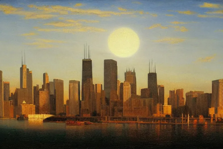 Prompt: chicago skyline, painted by hudson river school, dramatic lighting, artstation