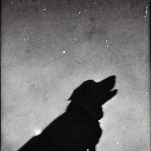 Image similar to a blurry 1 9 0 0 s photograph of a black dog flying in the night sky, moonlight,