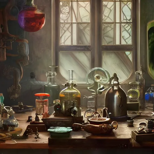 Image similar to hyper real, table, wizards laboratory, lisa parker, tony sart, mortar, pestle, scales with magic powder, energy flowing, magic book, beakers of colored liquid, greg rutkowski, alphonse mucha