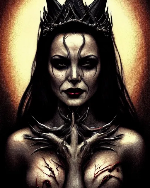 Prompt: full body portrait of an evil queen, dark magic, beautiful face, attractive young woman,heroic pose, full body, dramatic lighting, dark and horror, dust and blood, intricate, wild, highly detailed, digital painting, artstation, concept art, smooth, sharp focus, illustration, art by artgerm and greg rutkowski and alphonse mucha, footage from space camera