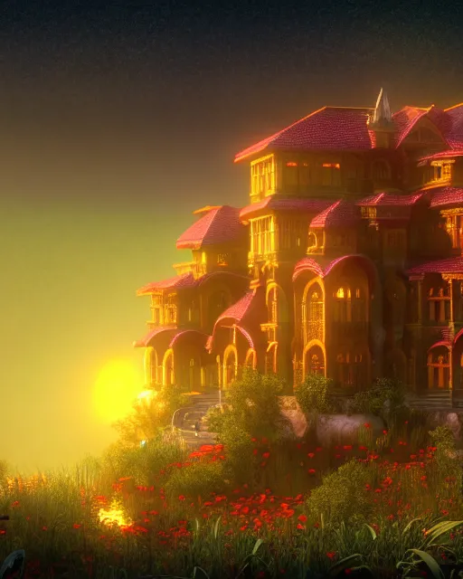 Image similar to a beautiful detailed render of nature city house by albert bierstadt, forest magic realism universe architecture island infrared vice city sunlight laser venus postcyberpunk fantasy darkacademia nature thermal imaging matte painting poppy desert san andreas, archdaily, wallpaper, highly detailed, trending on artstation.