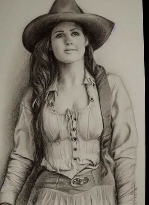 Image similar to 1 8 0 0 s style full body detailed pencil drawing of a cowgirl beautiful face, realistic