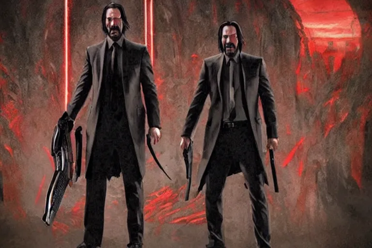 Image similar to keanu reeves as john wick, holding a chainsaw, cinematic, doom eternal concept art