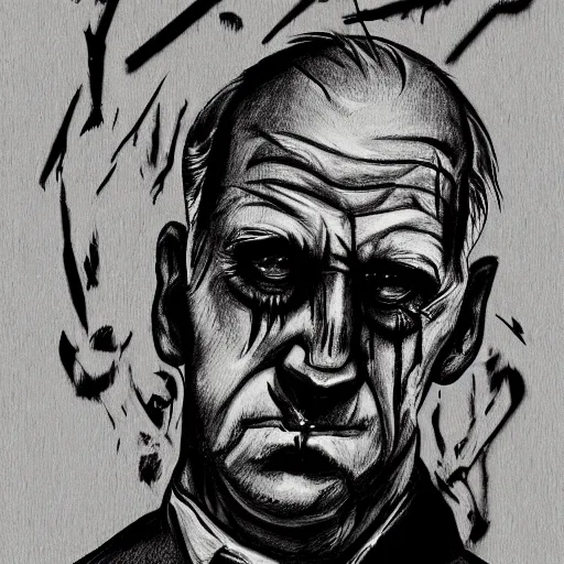 Image similar to grunge, aggressive sketch, messy lines, dark strokes, drawing of demonic joe biden as a caricature in the style of Jacob Shaw,creepy, surreal, trending on artstation