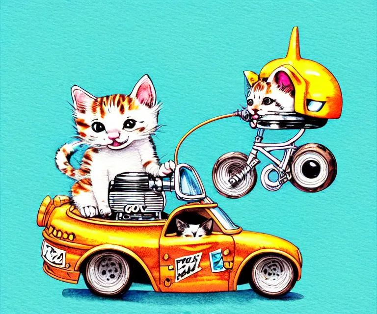 Image similar to cute and funny, kitten wearing a helmet riding in a tiny hot rod with an oversized engine, ratfink style by ed roth, centered award winning watercolor pen illustration, isometric illustration by chihiro iwasaki, edited by range murata, tiny details by artgerm and watercolor girl, symmetrically isometrically centered, sharply focused