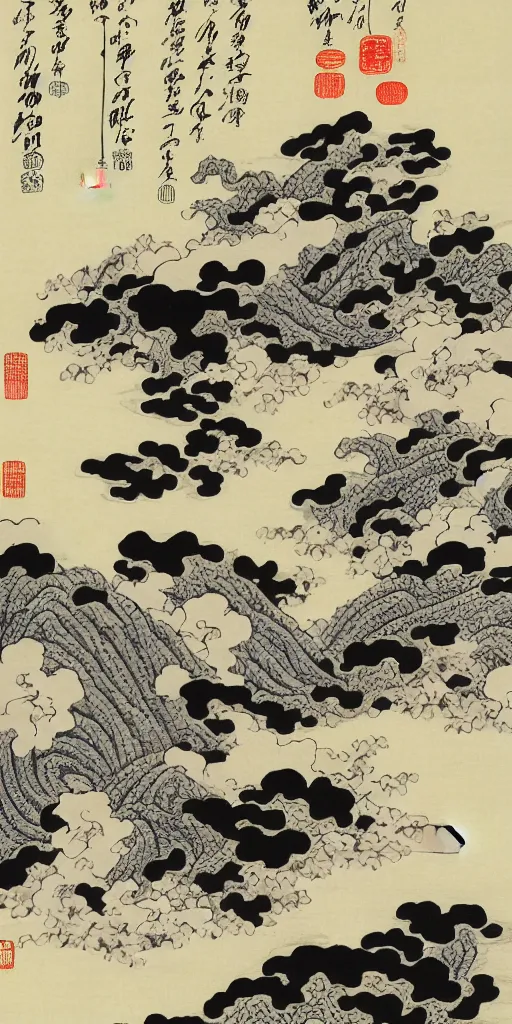 Prompt: chinese meticulous painting, black ink painting, illustration by katsushika hokusai, japanese ukiyo - e