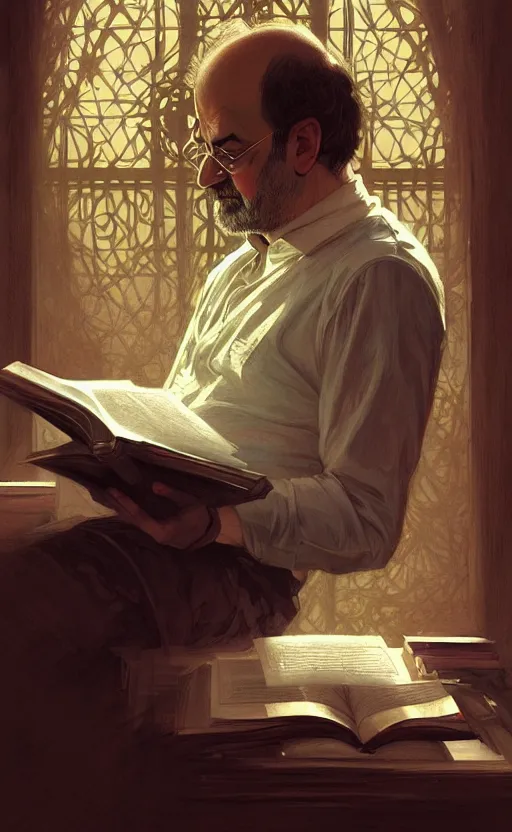 Image similar to portrait of salman rushdie reading, deep focus, d & d, fantasy, intricate, elegant, highly detailed, digital painting, artstation, concept art, matte, sharp focus, illustration, art by artgerm and greg rutkowski and alphonse mucha