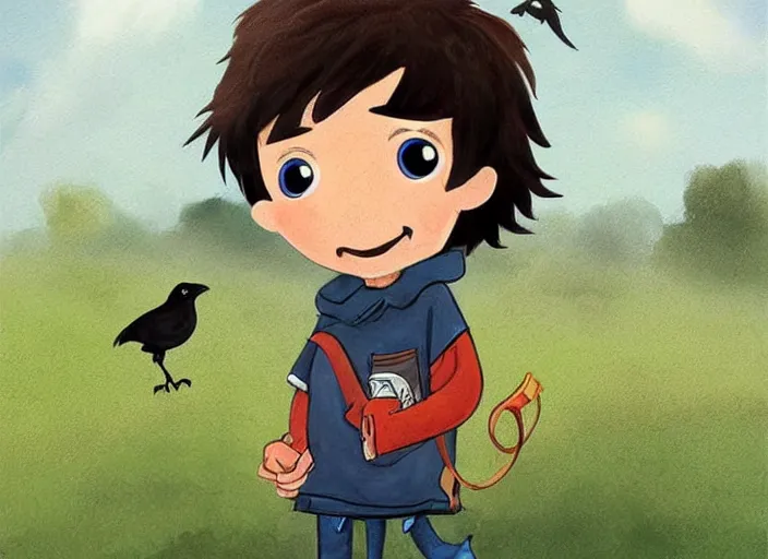 Image similar to cartoon still, a small boy with dark hair, wearing farm clothes, he has a small crow on his shoulder, artstation, character design, by padleton ward