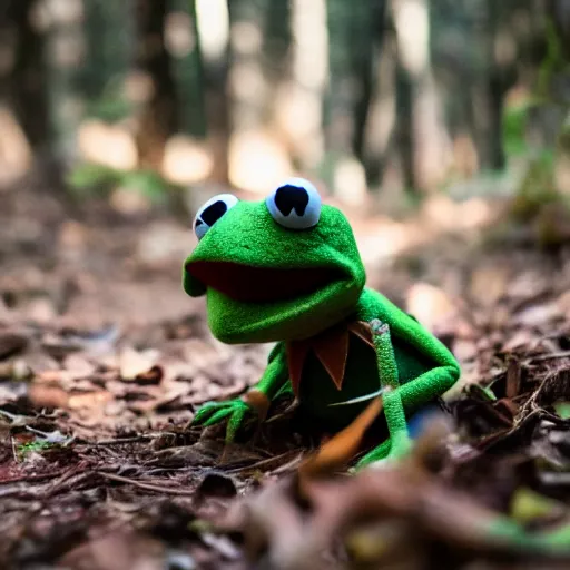 Prompt: scary trail camera photo of kermit the frog at night walking in the forest. blury. anamorphic lens