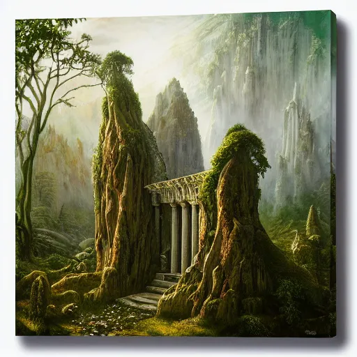 Image similar to a beautiful and highly detailed oil painting of am elven temple deep in the mountains, beautifully detailed ancient trees, lush plant growth, intricate details, epic scale, insanely complex, 8 k, sharp focus, hyper realism, fantasy landscape, psychedelic, by caspar friedrich,