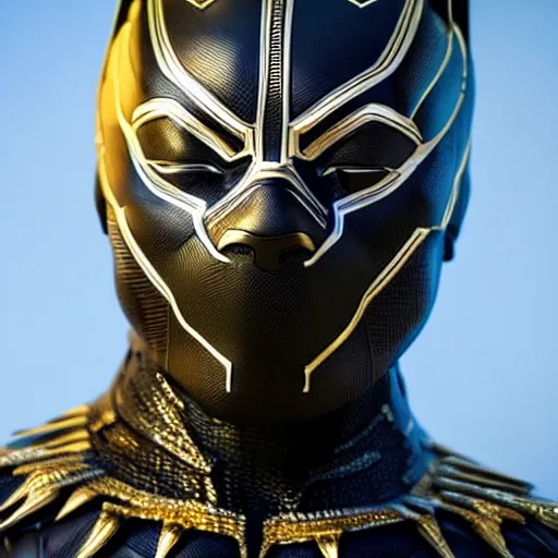 Image similar to a close up photo of a detailed golden statue of Black Panther, 8K,