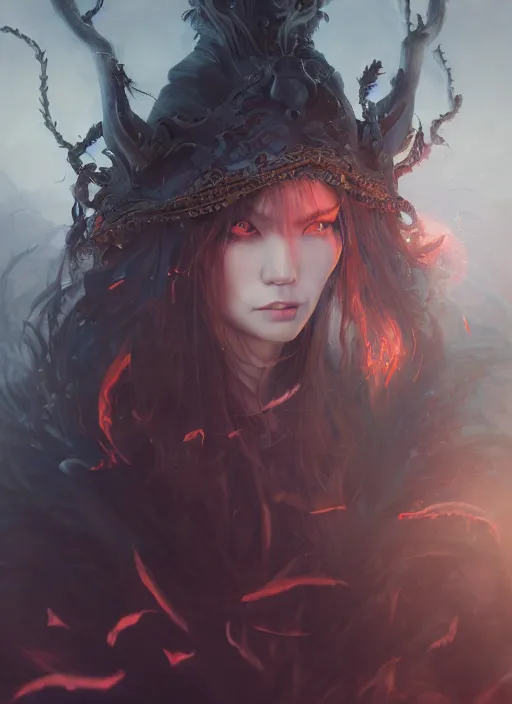 Image similar to breathtaking detailed painting of evil fantasy sorceress, dark castle setting, with anxious, piercing eyes, by Hsiao-Ron Cheng, James jean, Miho Hirano, Hayao Miyazaki, extremely moody lighting, hyperrealistic, octane render, RPG portrait, ambient light, dynamic lighting