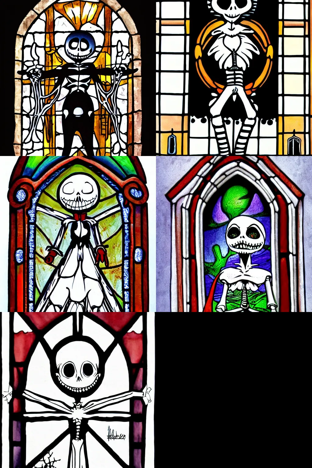 Prompt: jack skelington from nightmare before christmas as a church window, very detailed and colored, good quality, medical aspect