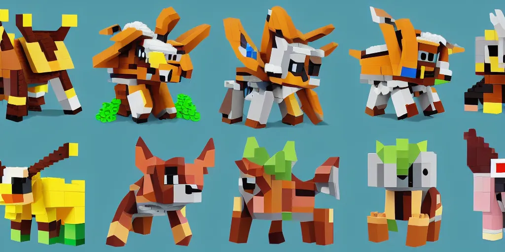 Image similar to small creatures made of a single brick, four legged, quadrupedal, cute looking, kawaii, sharp focus, character sheet, game concept art, blocky, lego mixels, japanese, flat toon style like katamari damacy inspired, pokemon inspired, blocky like minecraft