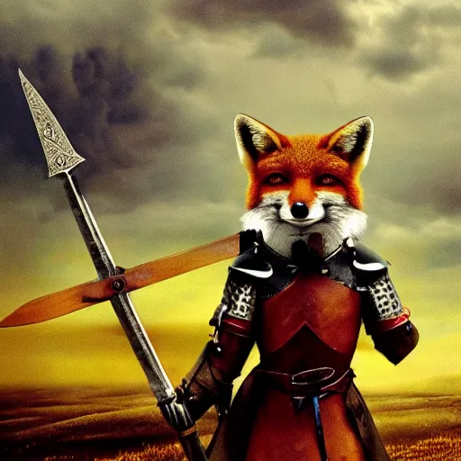 Image similar to anthropomorphic fox who is a medieval knight holding a sword towards a stormy thundercloud 1 9 3 0 s film still, fantasy castle in the background