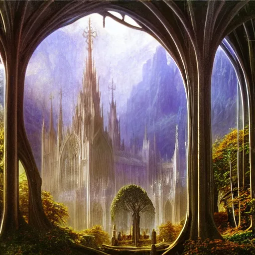 Image similar to a beautiful and highly detailed matte painting of an elven cathedral in a magical celtic forest, otherworldly trees and plants and flowers, detailed spires, wide angle, by caspar friedrich, albert bierstadt, james gurney, brian froud,