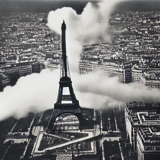 Image similar to extensive smoke rising from the top of the eiffel tower, aerial view, several police cars and crowds running across the ground, polaroid, 6 0's, hyperrealism, no blur, 4 k resolution, ultra detailed