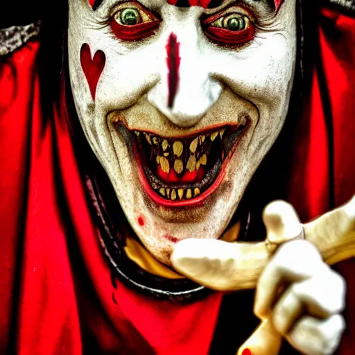 Image similar to medieval jester, sinister, photograph, portrait,