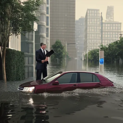 Prompt: a man in suit sitting on the top of a car in a flooded street, looking at his phone, trending on Artstation, 8k, photorealistic, hyper detailed, unreal engine 5, IMAX quality