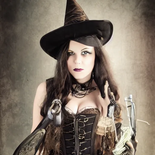 Prompt: photo of a beautiful steampunk witch, portrait