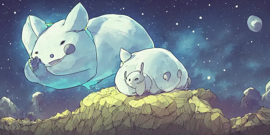 Image similar to giant glowing wireframe snorlax totoro, mountain landscape, night sky, digital art, digital painting, celestial, majestic, colorful