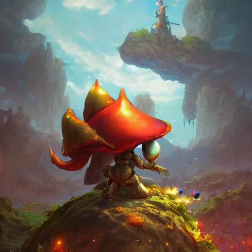 Image similar to Yoshi made of earth and molten metal with heavy knight armor in the style of anime by Peter Mohrbacher, Matte painting of mushroom kingdom landscape in background, colorful, cinematic, anime trending on artstation, HD, 4k,