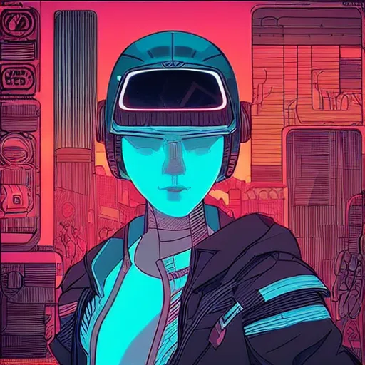 Image similar to “in the style of josan Gonzalez and jinx88 a young and suave cyberpunk teenager wearing a futuristic helmet, eyes still visible, highly detailed, y2k”