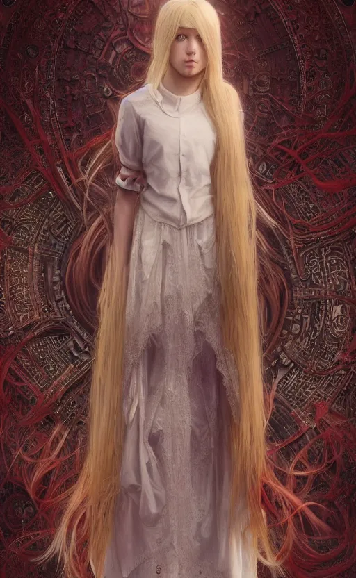 Image similar to full body shot of a young girl with blond twin tail hair and red eyes standing in front of a white wall, intricate details, eerie, highly detailed, photorealistic, octane render, 8 k, unreal engine, art by artgerm and greg rutkowski and alphonse mucha