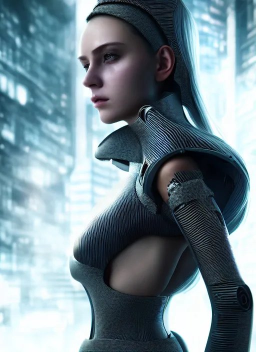Prompt: 3 / 4 portrait, emma bot queen, futuristic fashion clothing, bio enhanced, brunette, long hair, id magazine, hyperrealism, detailed textures, photorealistic, 3 d cyberpunk apocalyptic city, ultra realistic, cinematic, intricate, cinematic light, unreal engine 8 k, octane render, unreal engine, david kostic, artgerm