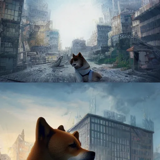 Image similar to giant shiba inu destroying a city, digital art, trending on artstation, highly detailed