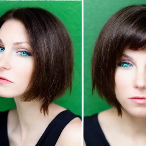 Prompt: brunette woman, short hair, flipped hairstyle, bright green eyes