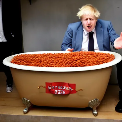 Prompt: Boris Johnson in a bathtub full of baked beans