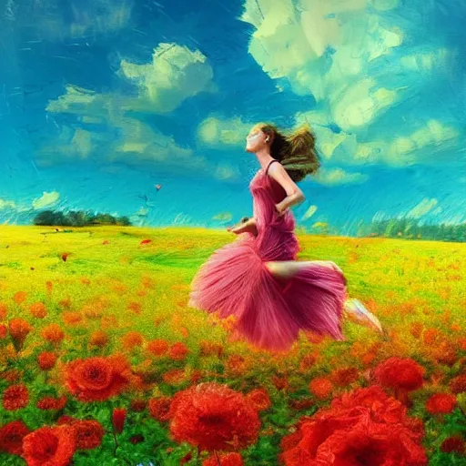 Image similar to giant rose flower head, full body girl running through a flower field, surreal photography, sunrise, dramatic light, impressionist painting, colorful clouds, digital painting, artstation, simon stalenhag