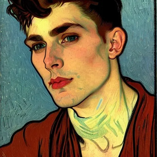 Prompt: portrait painting of young handsome beautiful human man with short messy partly shaved dark brown hair and blue eyes and strong jawline and small scar! under one eye, in his 2 0 s named vidar, wearing armor!, modest, masculine jawline!, squarish face shape, slightly round chin, art by alphonse mucha, vincent van gogh, egon schiele