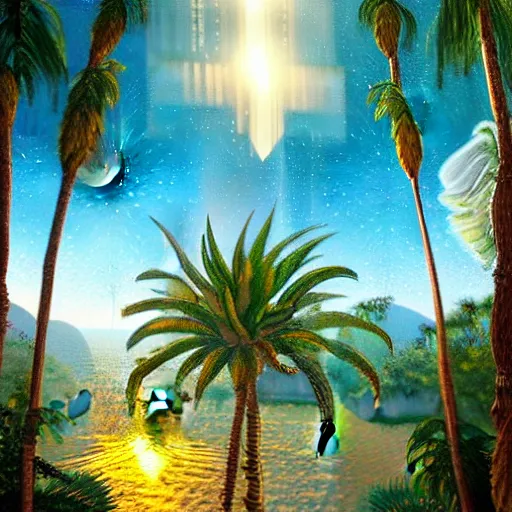 Image similar to a ultradetailed beautiful painting of el dourado, amazonas by aulo maiskiankski, major arcana mason sparkles sky, and dougherty patrick, trending on artstation, mediterranean, palm trees, light sparkles, major arcana sky, sharp focus, soft light