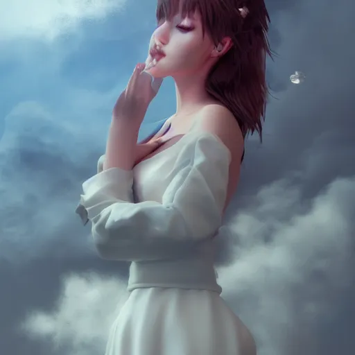 Image similar to beautiful girl in full gown blowing clouds, beautiful portrait, character concept style trending on artstation concept art detailed octane render cinematic photo - realistic 8 k high detailed